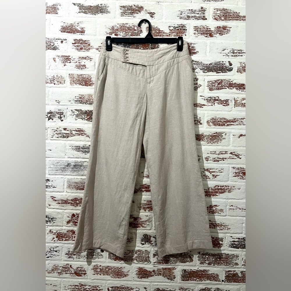 Cato Cropped Pants Linen Blend Cream Khaki Pockets Wide Leg Sz 6P